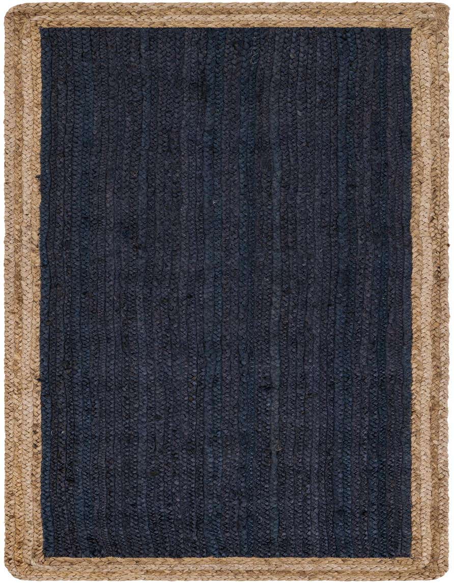 A 6 ft navy blue runner rug with a natural braided jute border, ideal for hallways.