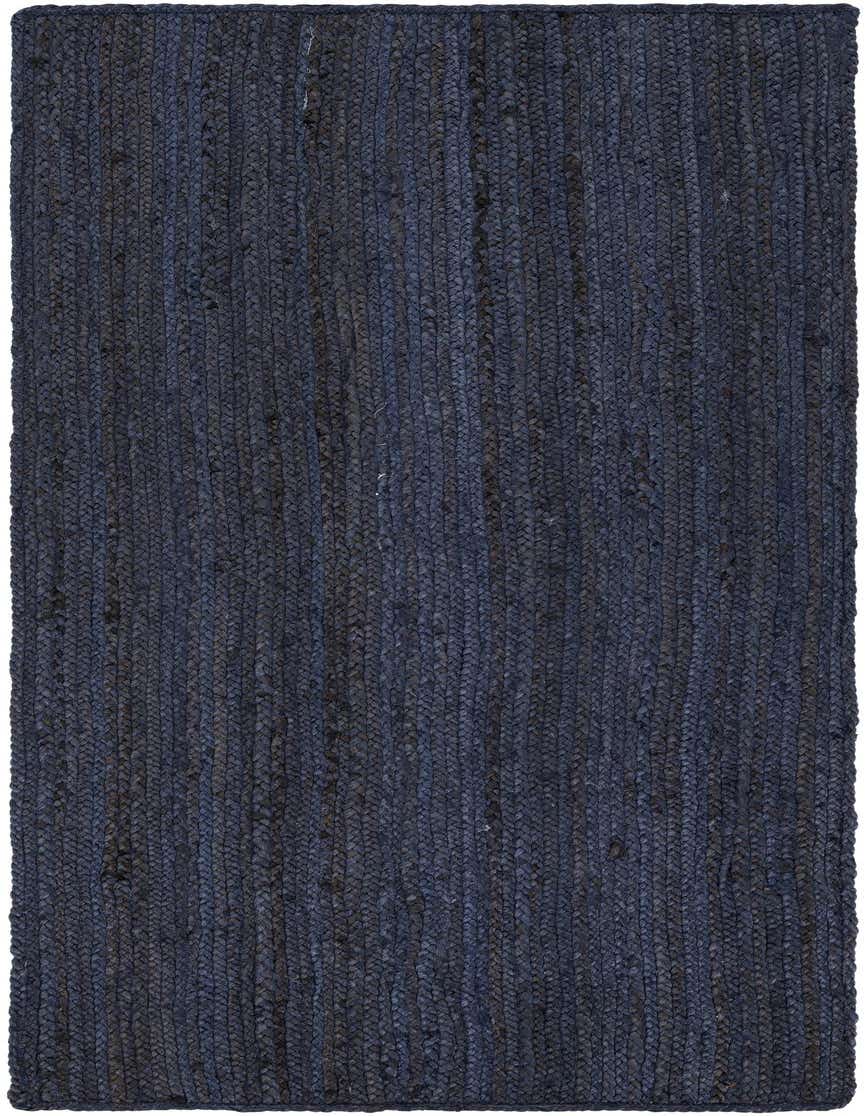A 6 ft navy blue braided jute runner rug with a textured flatweave, ideal for a hallway.