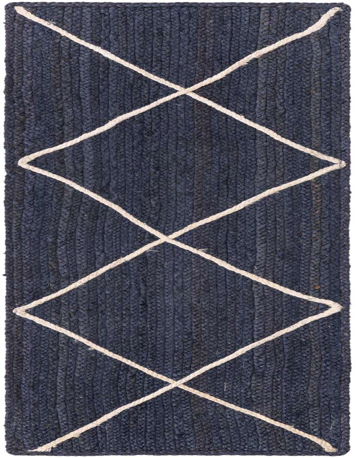 A 6 ft runner rug in braided navy blue jute with a prominent white diamond pattern, ideal for a hallway.