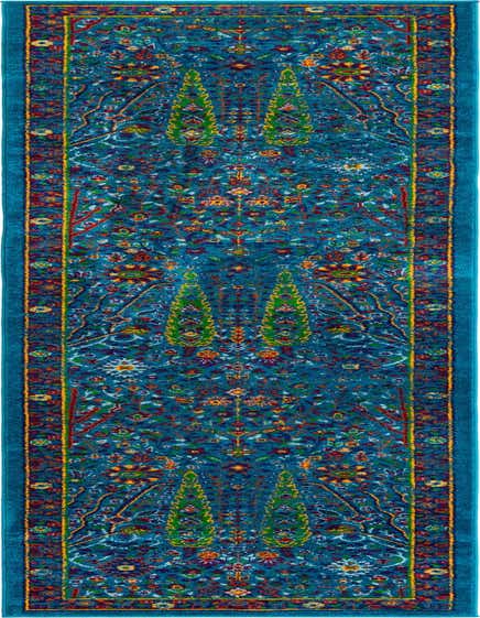 A 10 ft runner rug in shades of blue with a vibrant transitional floral pattern, ideal for a hallway.