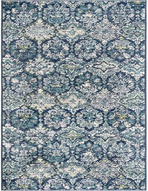 A 10 ft runner rug from the Charleston Collection by Rugs.com, featuring a distressed blue and white bohemian floral pattern.