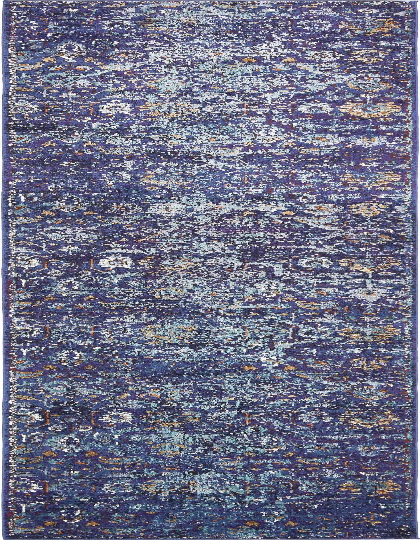 A 12 ft runner rug from the Charlotte collection, featuring a distressed bohemian pattern in shades of blue, teal, and gold.