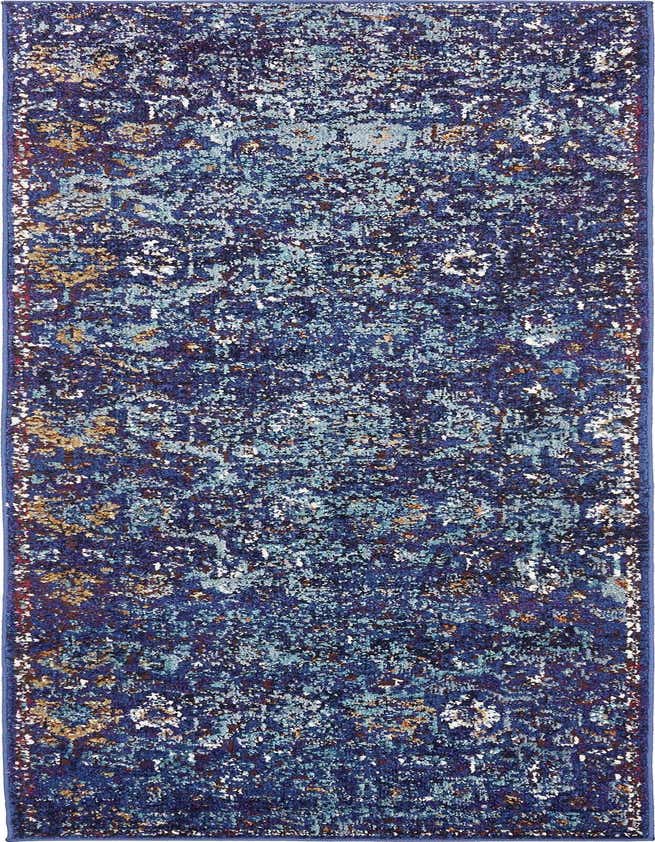 A 7 ft runner rug with a distressed Bohemian pattern in shades of navy blue, light blue, and hints of gold and white, ideal for a hallway.