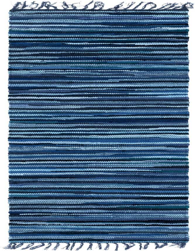 A 7 ft runner rug featuring horizontal stripes in various shades of blue, from light to dark, with a flatweave texture and fringed ends, ideal for a hallway.