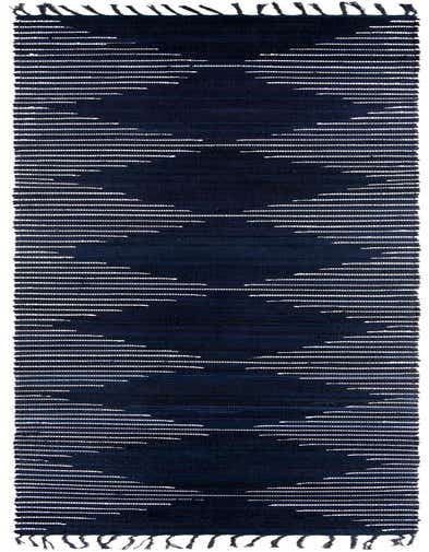 A 16 ft navy blue cotton runner rug with a subtle white geometric pattern and fringed ends, ideal for a hallway.