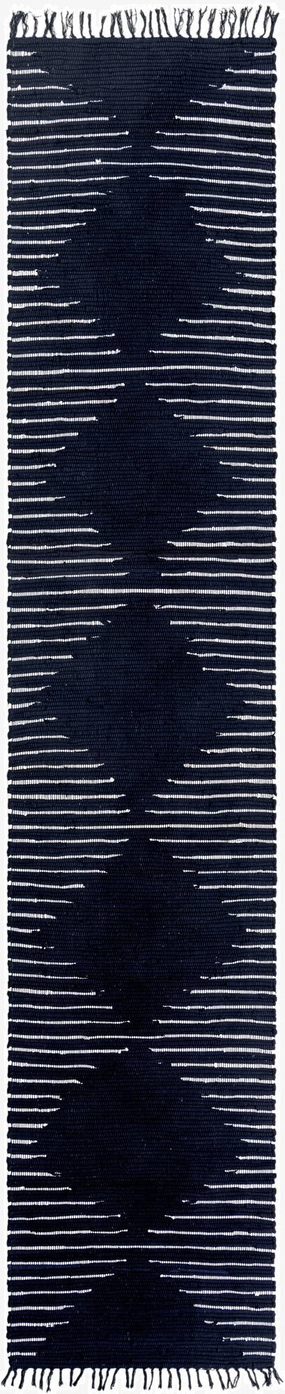 A 13 ft navy blue cotton runner rug with a subtle white geometric pattern and fringed ends, ideal for a hallway.