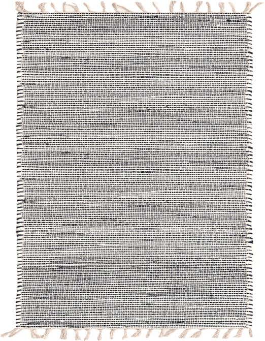 A 10 ft runner rug from the Chindi Jute collection, featuring a textured navy blue and off-white striped flatweave pattern with tassels.