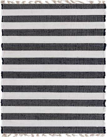 A 12 ft runner rug featuring bold horizontal stripes in navy blue and white, with fringed ends, ideal for a hallway.