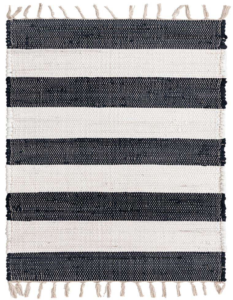 A 5 ft runner rug with alternating wide stripes of navy blue and off-white, featuring a flatweave texture and fringed ends.
