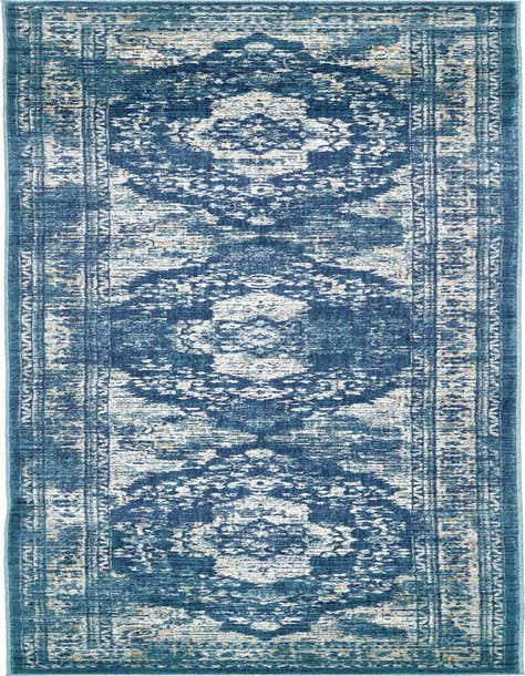 A 13 ft runner rug in shades of blue with a distressed traditional medallion pattern, ideal for a hallway.