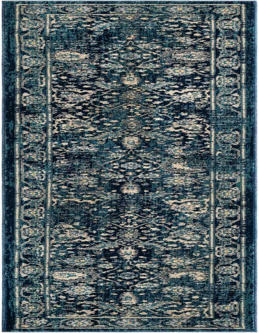 A 10 ft runner rug in shades of navy blue, teal, and cream, featuring a distressed traditional medallion pattern and ornate border.