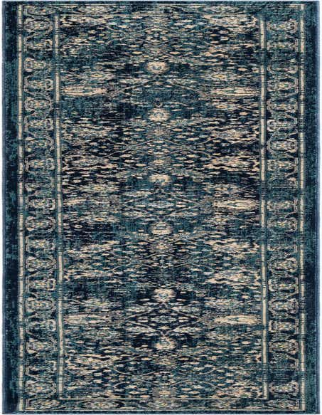 A long 12 ft runner rug with a distressed traditional medallion pattern in shades of navy blue, light blue, cream, and hints of yellow, perfect for a hallway.