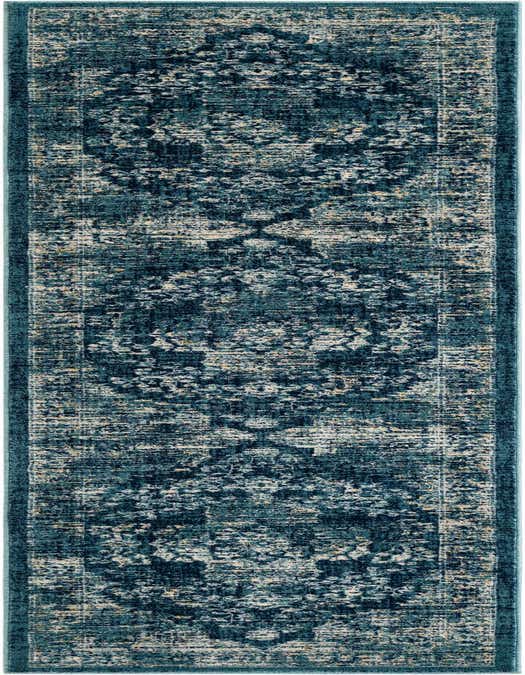 A 10 ft runner rug from the Dahlia Collection, featuring a distressed traditional medallion pattern in shades of blue and cream, ideal for hallways.