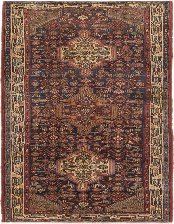 A handmade 11 ft Darjazin runner rug in traditional Persian style, featuring a navy blue background with an intricate medallion pattern in red, beige, and green, ideal for a hallway.