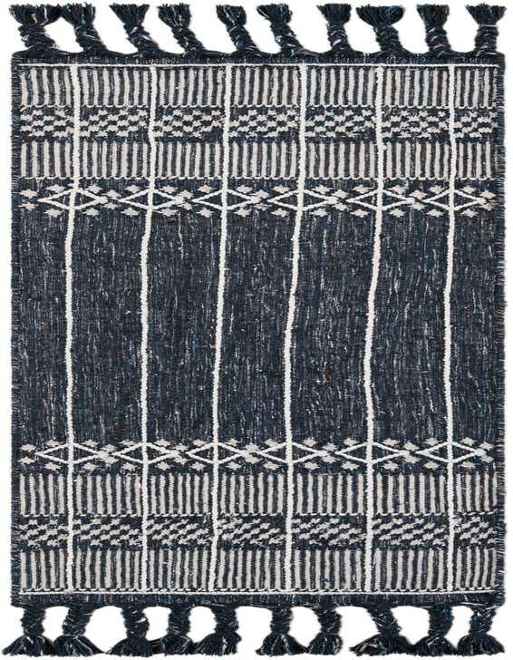 A 6 ft runner rug featuring a navy blue and white bohemian stripe pattern with braided tassels, ideal for hallways or patios.