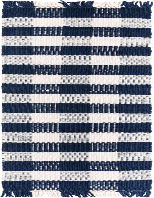 A navy blue and white checkered runner rug with fringed ends, made from recycled plastic bottles, suitable for indoor or outdoor use.