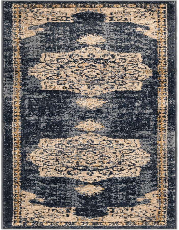 A 6 ft runner rug in navy blue with a distressed bohemian medallion pattern and gold accents, ideal for a hallway or kitchen.