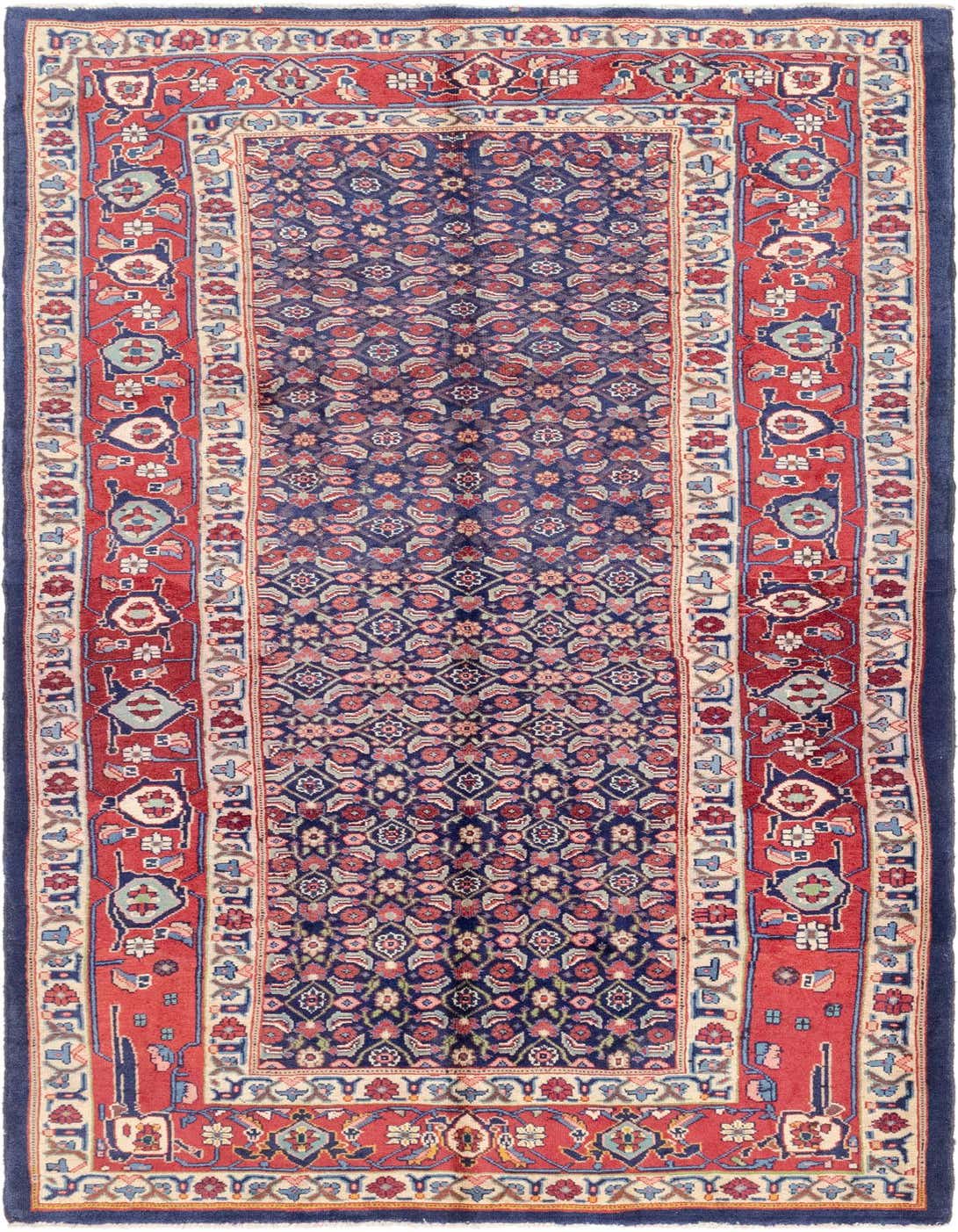A 10 Ft runner rug with a navy blue field and intricate red, cream, and light blue traditional Persian patterns, ideal for a hallway.