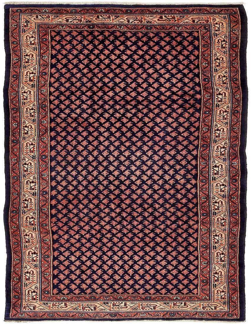 A 10 Ft Farahan runner rug in navy blue with a repeating coral diamond pattern and intricate traditional borders.