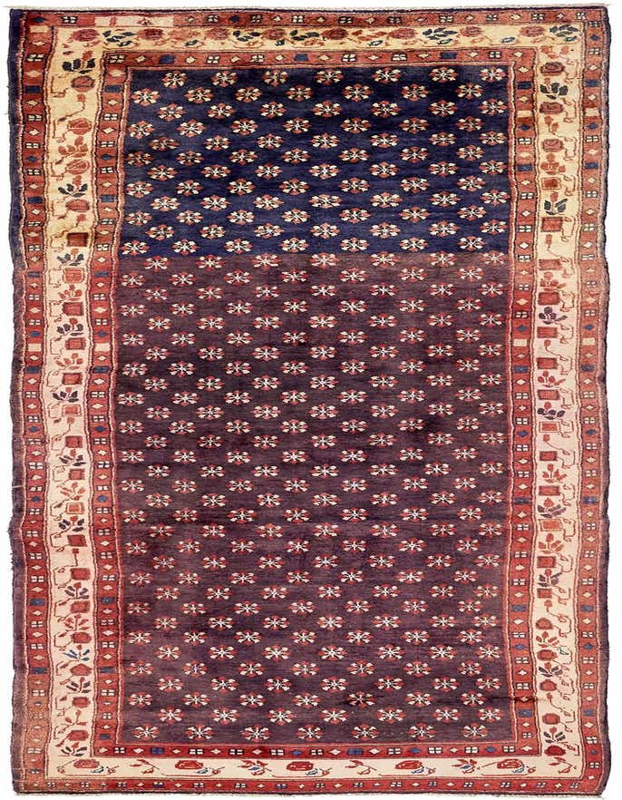 A handmade 11 Ft Farahan runner rug in traditional Persian style, featuring a navy blue field with repeating floral motifs and a cream and red border.