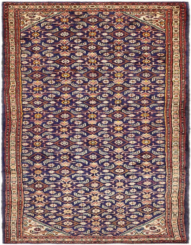 A 10 ft blue Persian runner rug with intricate floral and geometric patterns in red, cream, and gold, ideal for a hallway.