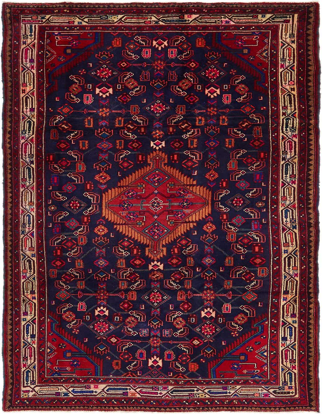 A handmade 9 ft Farahan runner rug featuring a traditional Persian medallion pattern in navy blue, red, and orange tones.