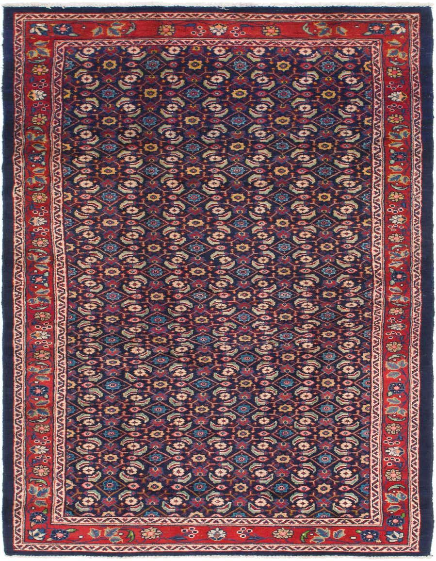 A 10 Ft Farahan runner rug with a traditional Persian pattern in navy blue, red, and multicolor floral motifs.