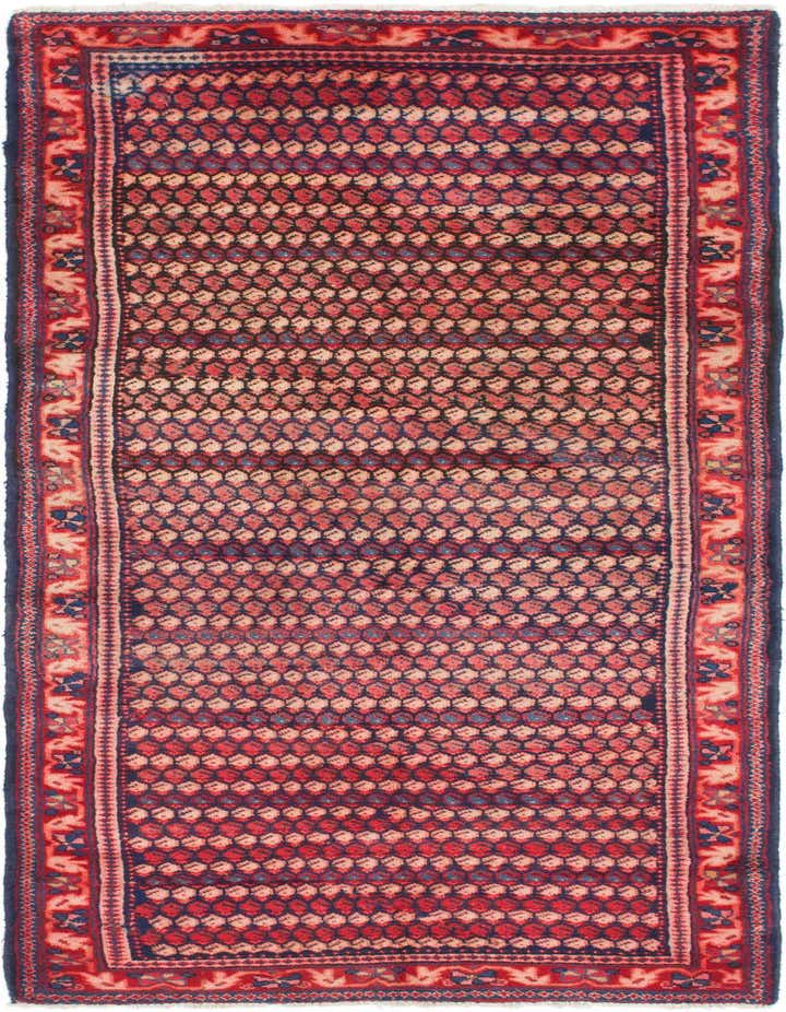A handmade 11 ft Farahan runner rug in traditional Persian style, featuring a repeating geometric pattern in blues and reds, ideal for a hallway.
