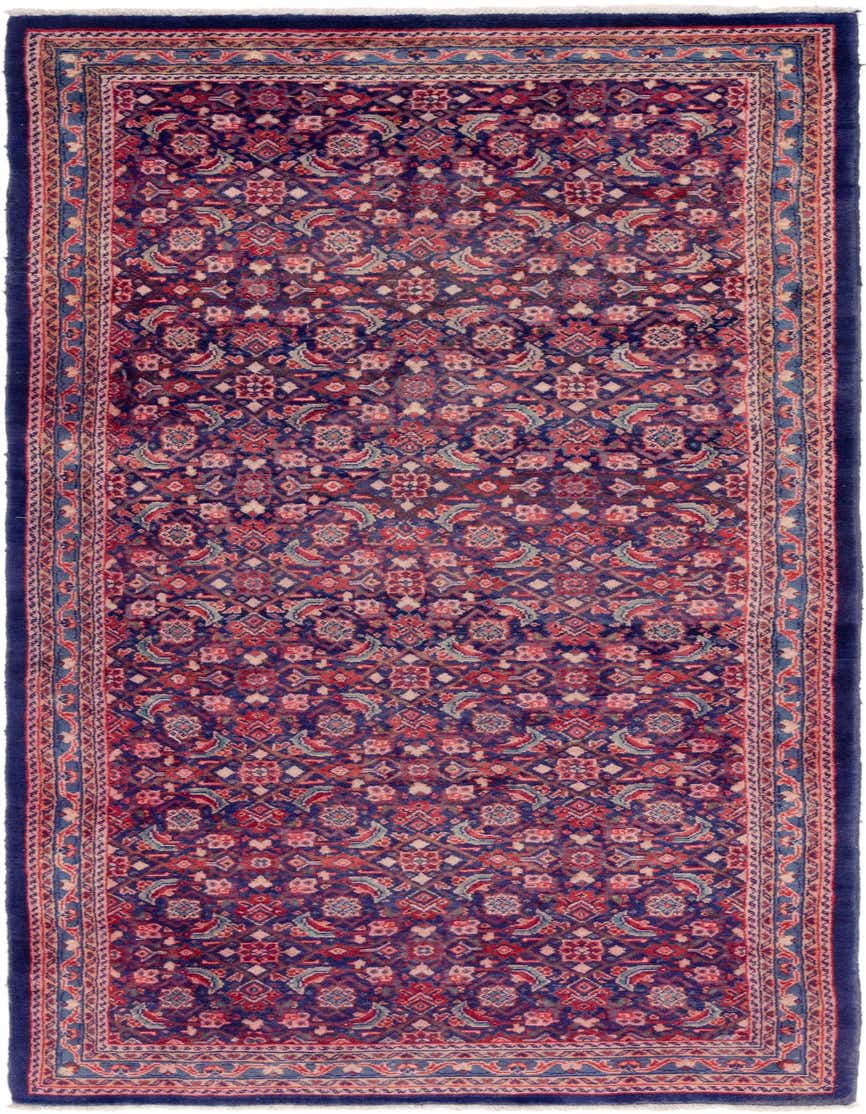 A handmade 11 ft Farahan runner rug in deep blues and reds featuring a detailed tribal pattern, ideal for a hallway.