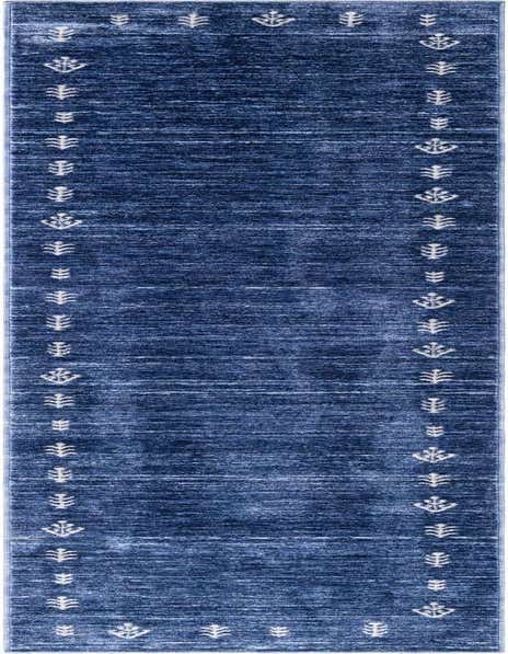 A long 12 ft navy blue runner rug with a subtle distressed texture and a white tribal pattern border, ideal for a hallway.
