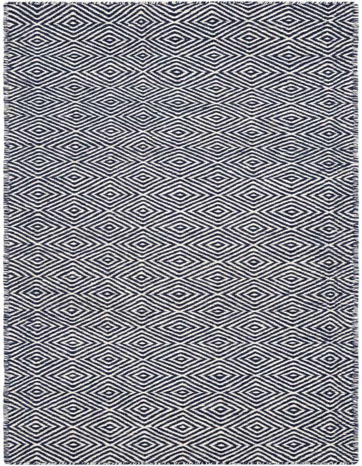 A 6 ft runner rug with a modern navy blue and off-white geometric trellis pattern, suitable for a hallway or kitchen.