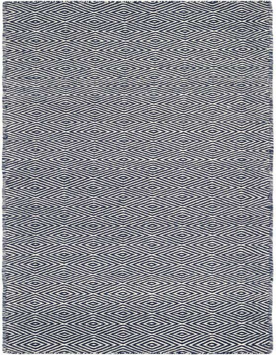 A navy blue and off-white 8 ft runner rug with a repeating modern trellis diamond pattern, suitable for a hallway or kitchen.