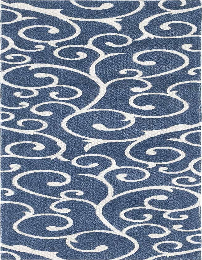 A navy blue 8 ft runner rug with an intricate white floral and scroll pattern, ideal for hallways or kitchens.