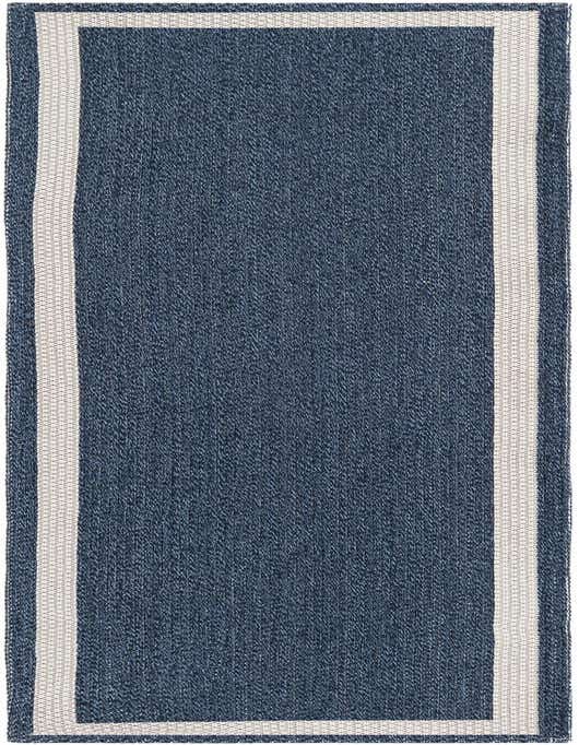 A navy blue 8 ft runner rug with a clean, light beige border, featuring a flatweave texture.