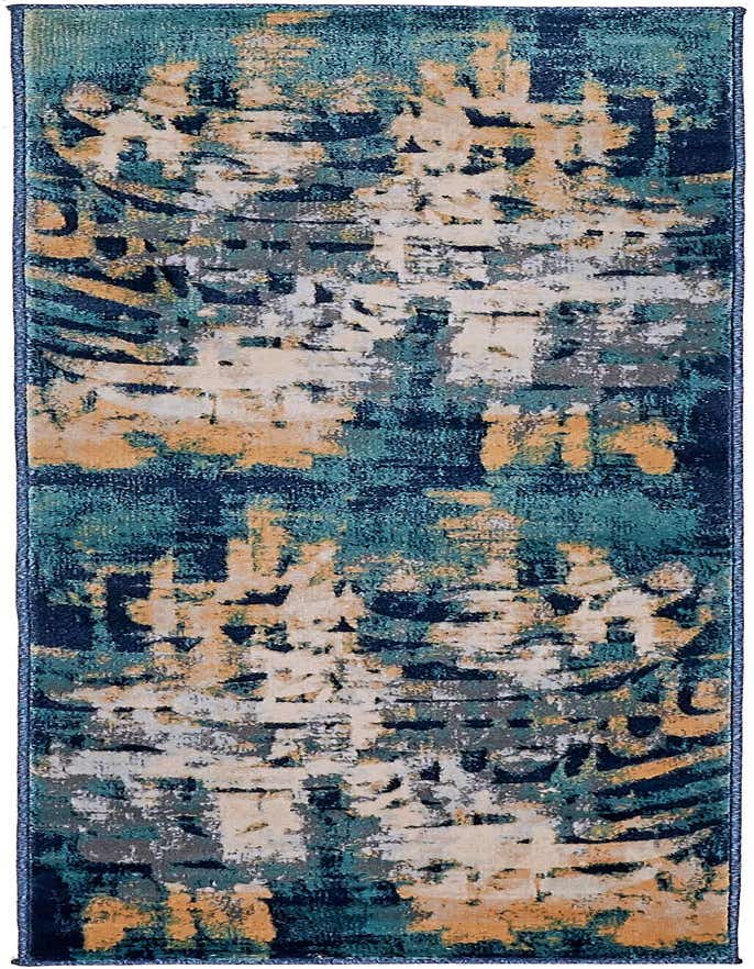 A 6 ft runner rug with an abstract pattern in varying shades of blue, teal, gold, and cream, ideal for a hallway or kitchen.
