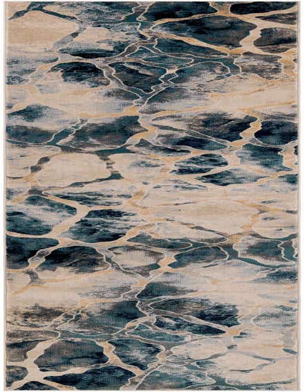 A 12 ft runner rug with an abstract modern pattern in shades of navy blue, beige, and gold, suitable for a hallway.
