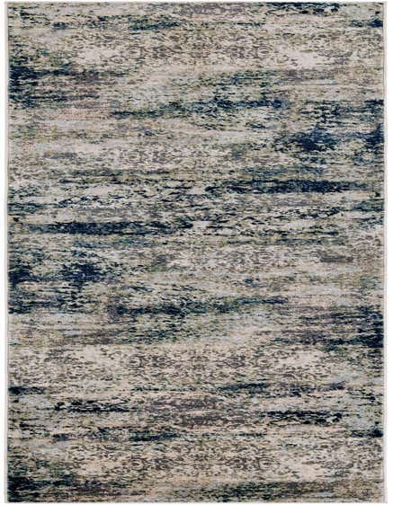 A 12 ft runner rug featuring an abstract, transitional pattern in shades of navy blue, grey, and cream, ideal for a hallway.