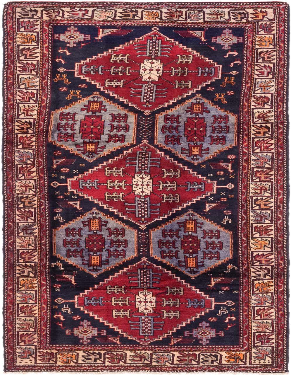 A 9 ft Hamedan runner rug featuring traditional Persian patterns in deep blues, reds, and subtle accents, ideal for a hallway.