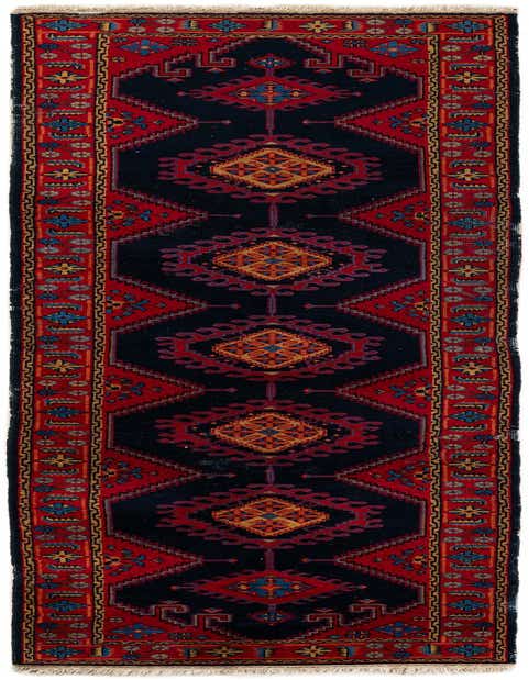 A 12 ft Hamedan runner rug featuring a traditional Persian tribal pattern in navy blue, red, and gold, perfect for a hallway.