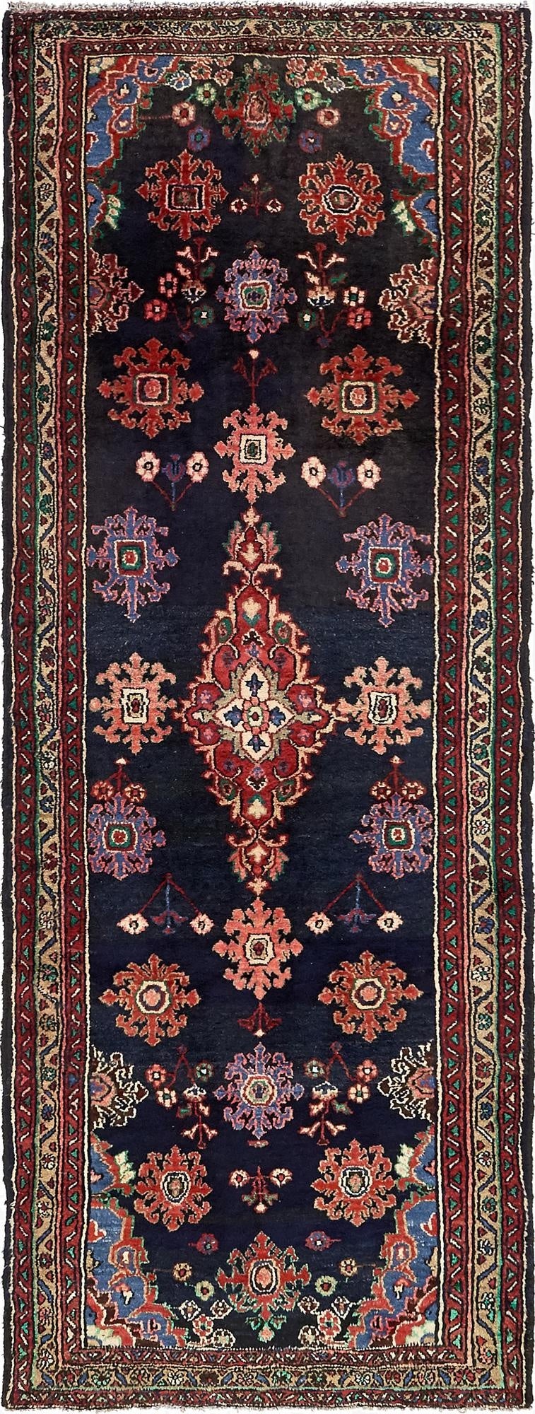  3' 7 x 9' 9  Hand Knotted Hamedan Persian Wool Runner Rug