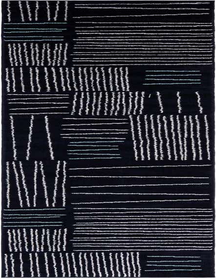 A 12 ft Hanahan runner rug in navy blue with an abstract pattern of white and light blue horizontal and vertical lines.