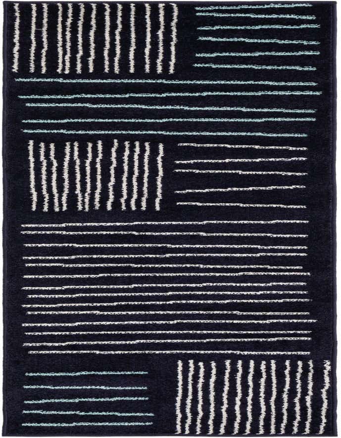 A navy blue Hanahan runner rug with a modern abstract pattern of white and light blue lines, perfect for a hallway.