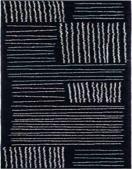 A dark navy blue Hanahan runner rug with a modern abstract pattern of white and light blue horizontal and vertical dashed lines, ideal for a hallway or kitchen.
