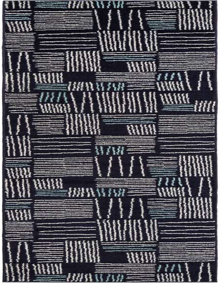 A 12 ft runner rug with a contemporary abstract pattern in navy blue, white, and light blue, ideal for a hallway.