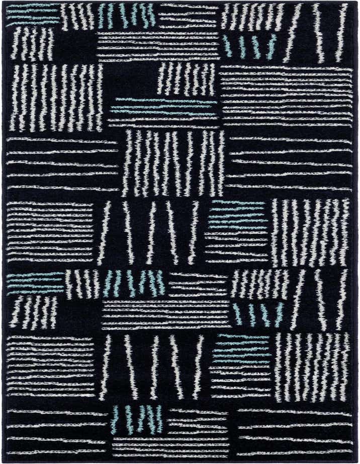A 6 ft Hanahan runner rug with a modern abstract pattern in navy blue, white, and light blue, ideal for a hallway.