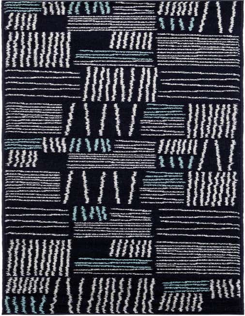 A navy blue Hanahan runner rug with a modern abstract pattern of white and light blue horizontal and vertical dashed lines, ideal for a hallway or kitchen.