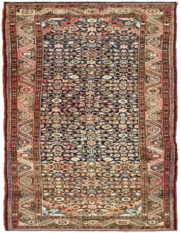 A 10 ft runner rug from the Hossainabad collection, featuring a traditional tribal Persian pattern in shades of navy blue, red, and beige, ideal for a hallway.