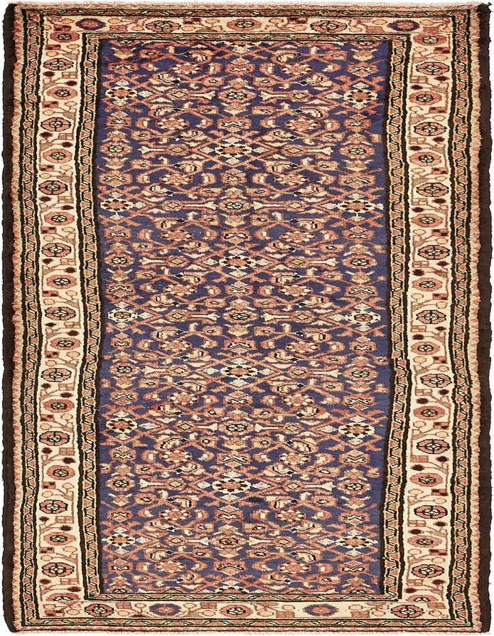 A 10 ft runner rug in navy blue with a traditional Persian tribal pattern and a light beige border.