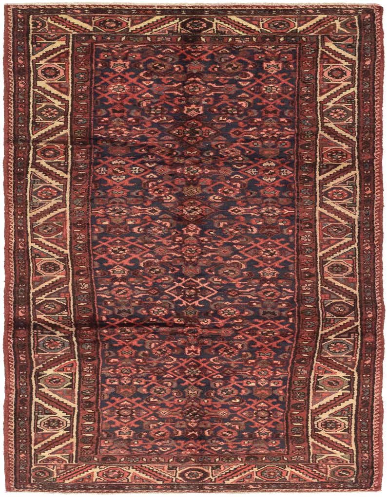A 10 ft runner rug with a navy blue field and intricate red, brown, and cream tribal Persian patterns, ideal for a hallway.