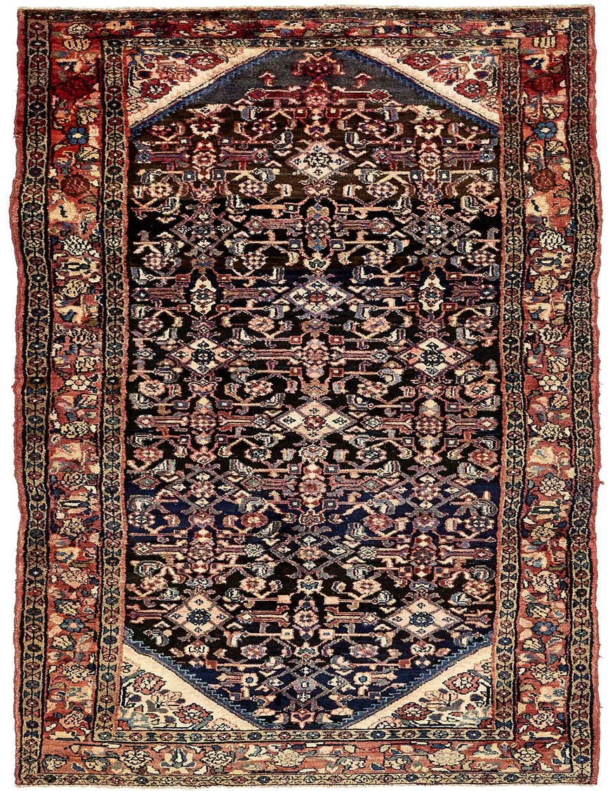 A 10 ft runner rug with a navy blue field, tribal Persian patterns, and a red border, ideal for hallways.